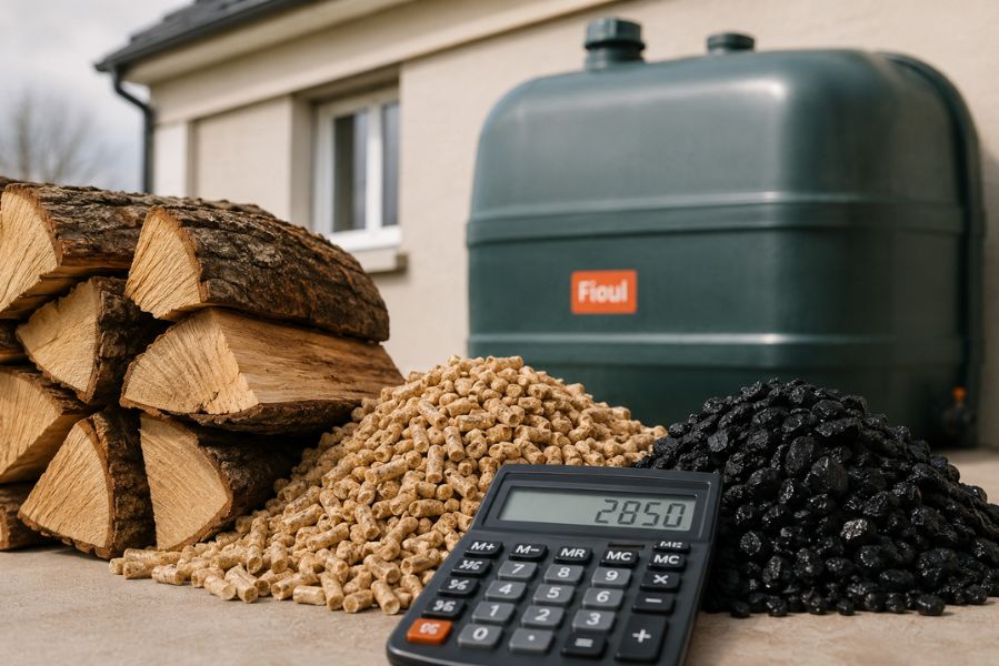 Calcul de la consommation annuelle de chauffage avec bois de chauffage, granulés et cuve à fioul devant une maison individuelle dans l'Aisne.