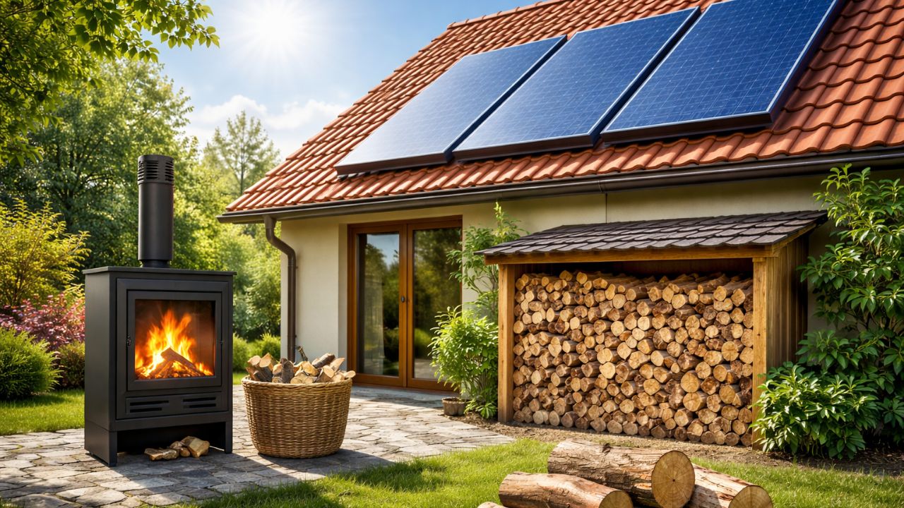 Maison équipée de panneaux solaires thermiques sur le toit avec un poêle à bois et un stock de bûches illustrant la combinaison du chauffage bois et du solaire thermique pour un habitat écologique.