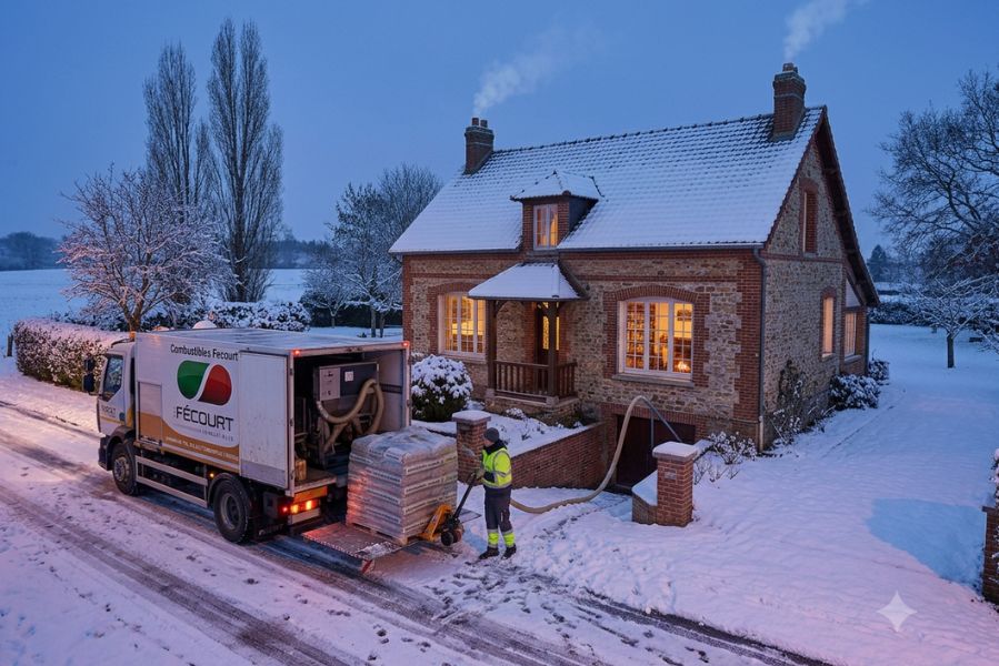 Camion de livraison Combustibles Fécourt approvisionnant une maison enneigée en granulés de bois dans l'Aisne afin d'éviter une rupture de combustible en hiver.