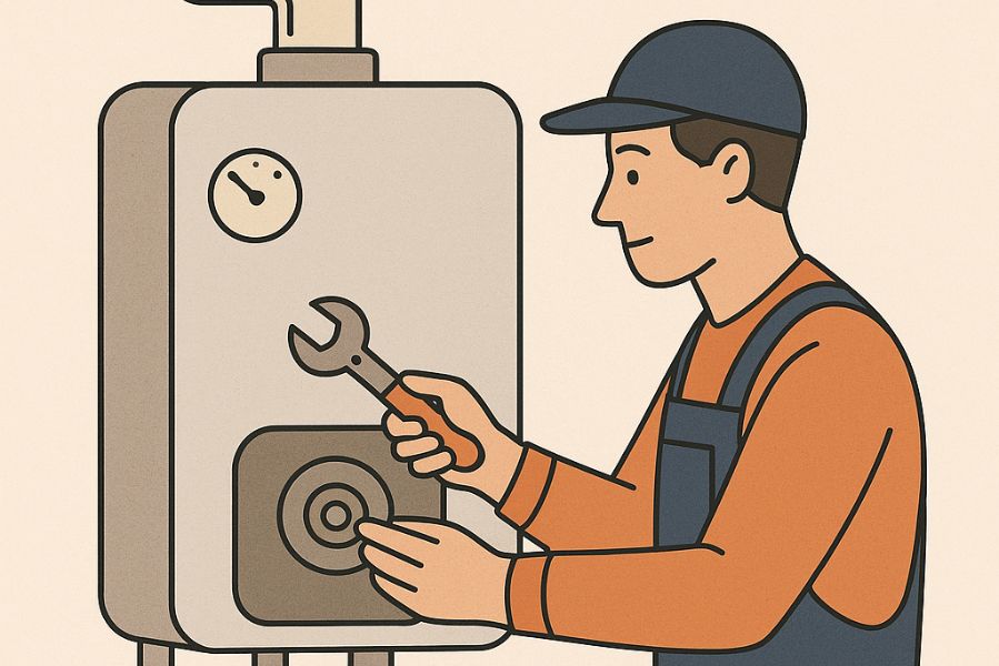 dessin d'un homme qui entretien une chaudiere 
