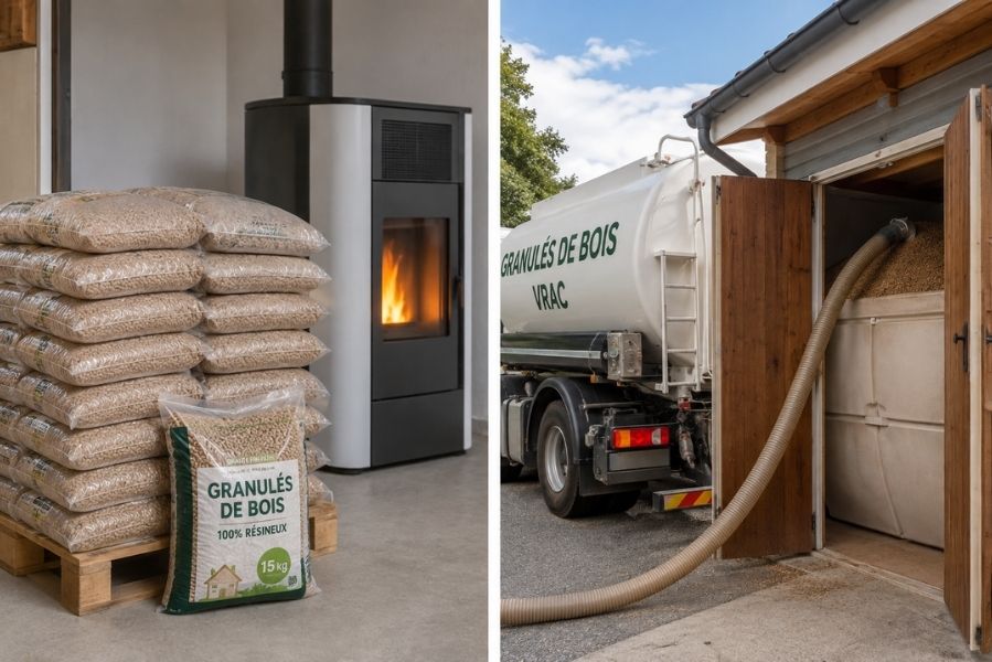 Granulés de bois en sacs pour poêle et livraison de granulés en vrac dans un silo.