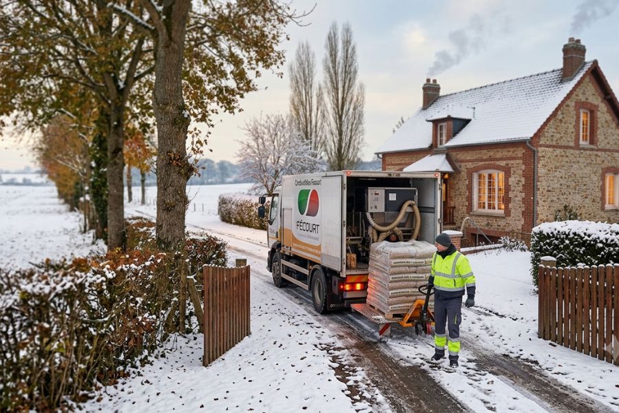 Camion Combustibles Fécourt livrant des granulés de bois devant une maison de l'Aisne avec un accès étroit et enneigé.