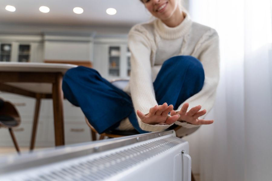 Femme souriante profitant de la chaleur d’un radiateur dans une maison bien chauffée après des travaux de rénovation énergétique.