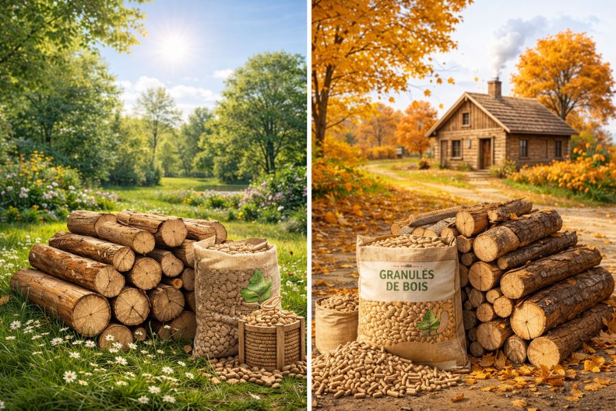 Stock de bois de chauffage empilé à l’extérieur pour préparer l’hiver