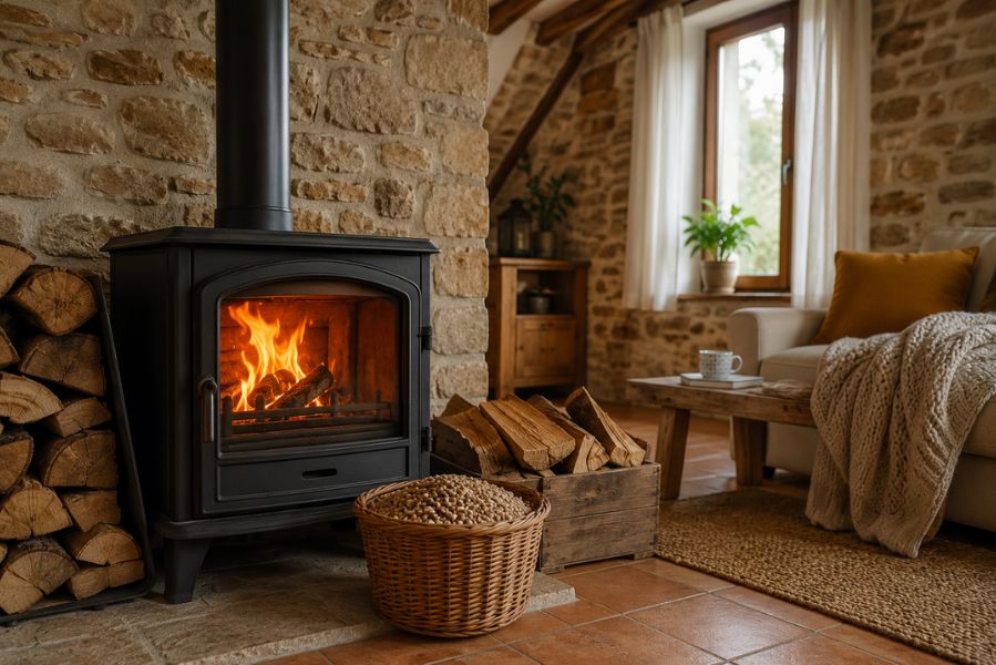 Poêle à bois dans une maison ancienne avec bois de chauffage et granulés, illustrant l'optimisation de la consommation de combustible en hiver.
