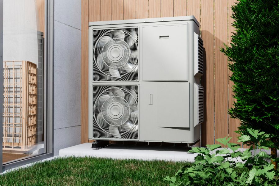 Pompe à chaleur hybride installée à l’extérieur d’une maison rurale, illustrant une solution de chauffage moderne et économe en énergie.
