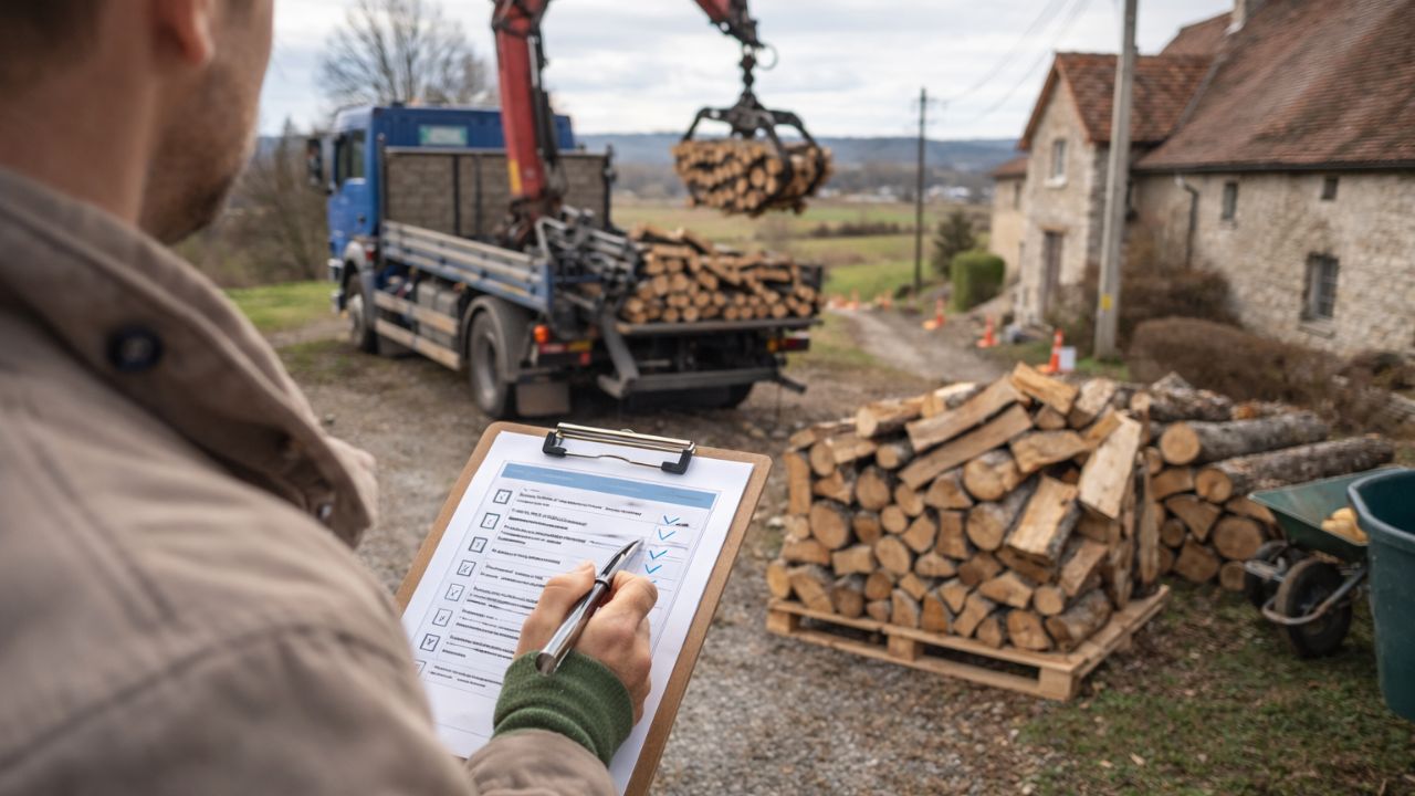 Livraison de bois de chauffage à domicile en zone rurale avec camion équipé d’une grue déposant des bûches près d’une habitation de campagne