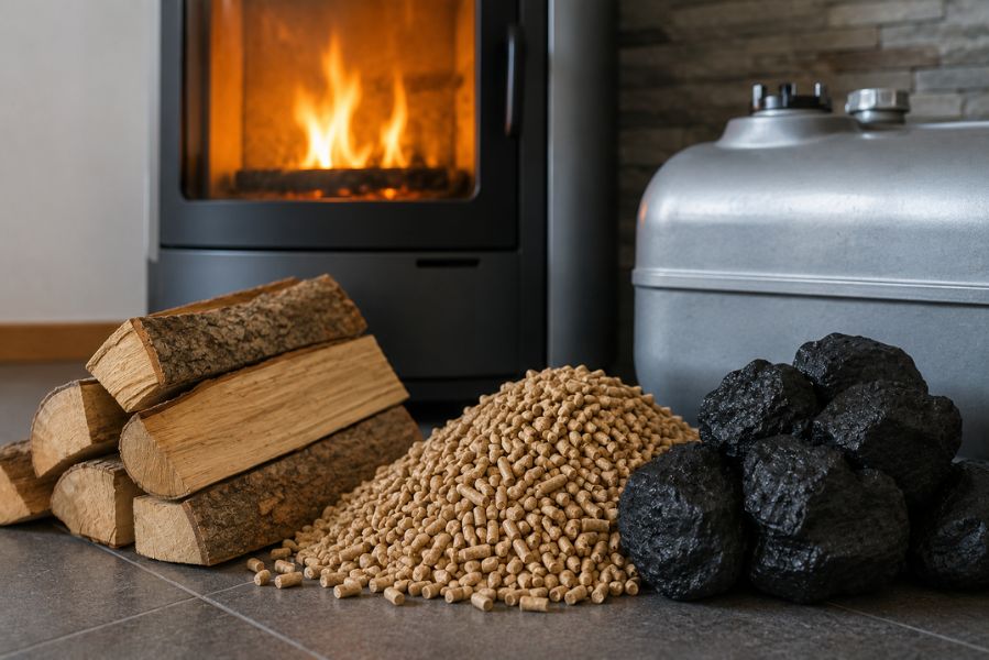 Bois de chauffage, granulés de bois et charbon devant un appareil de chauffage, illustrant l'importance de la qualité du combustible pour préserver les performances de l'installation.