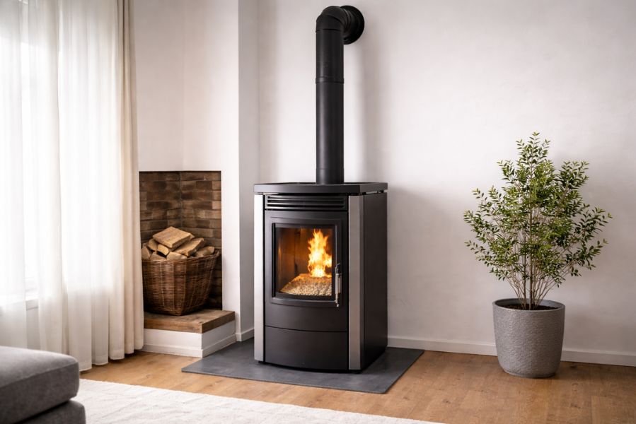 Poêle à granulés installé dans un salon avec conduit d’évacuation des fumées conforme aux normes de sécurité