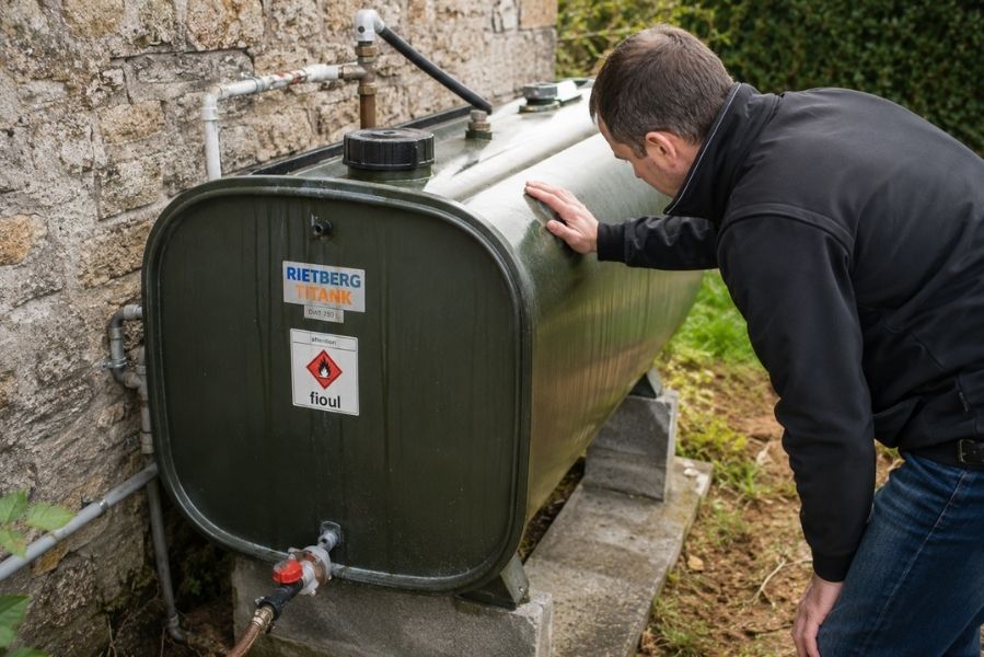 Vérification de l’état d’une cuve à fioul domestique avant une livraison.